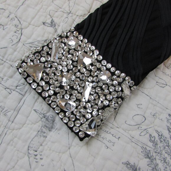 EUC $595 Jovani Black Textured Long Slv fitted sheath Midi Dress beaded cuff 4 - Picture 4 of 14